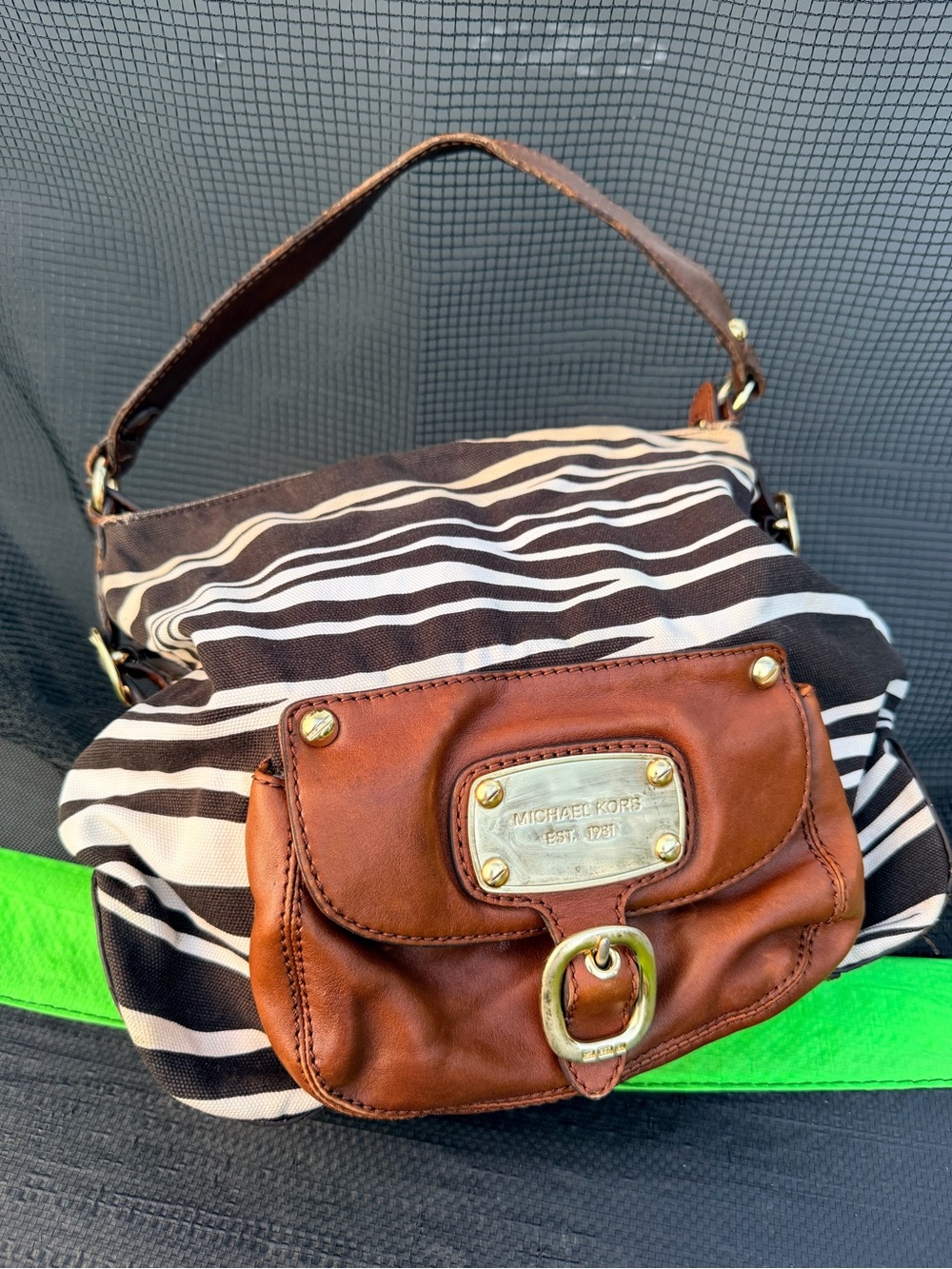 Michael Kors Zebra Design Canvas Leather Trim Tote Bag Purse Handbag